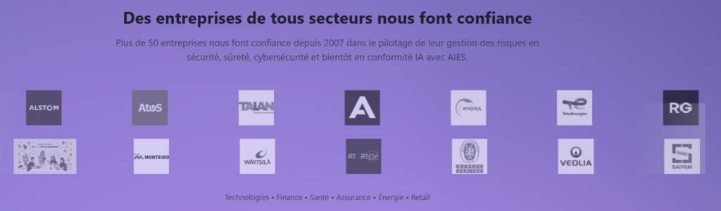 Visuel présentant les entreprises diversifiées, illustrant la confiance de plus de 50 sociétés depuis 2007 dans la gestion des risques en sécurité et cybersécurité.